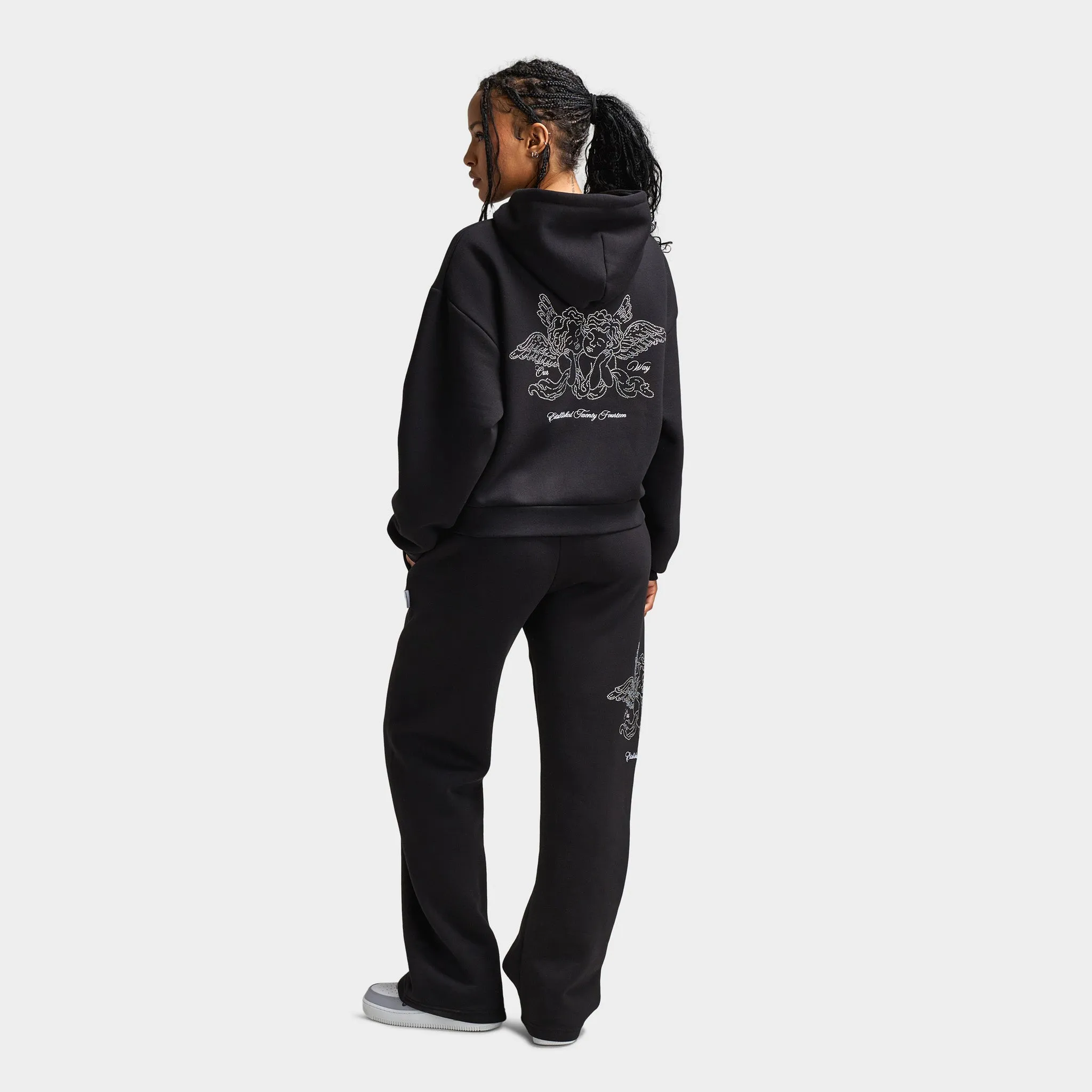 Hoodrich Women's Cherish Mid Length Full Zip Hoodie Black / White - Festival Bloom