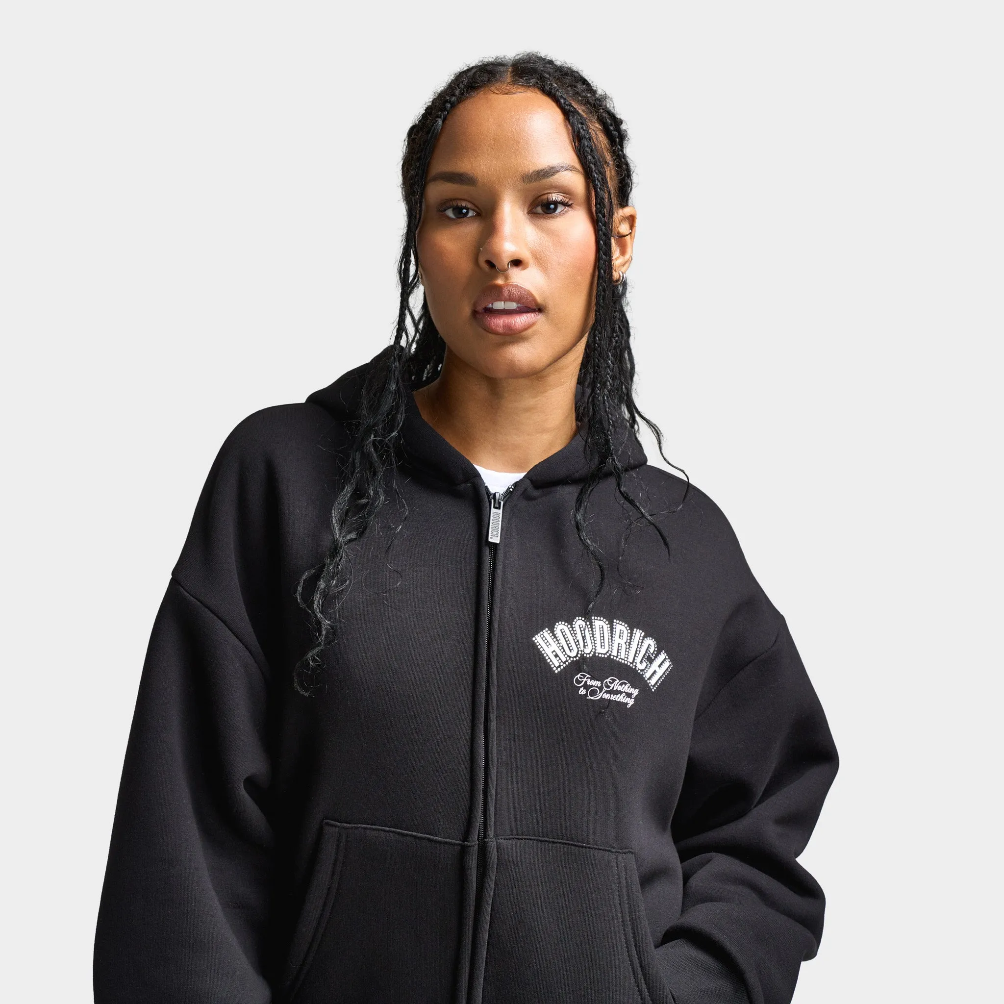 Hoodrich Women's Cherish Mid Length Full Zip Hoodie Black / White - Festival Bloom