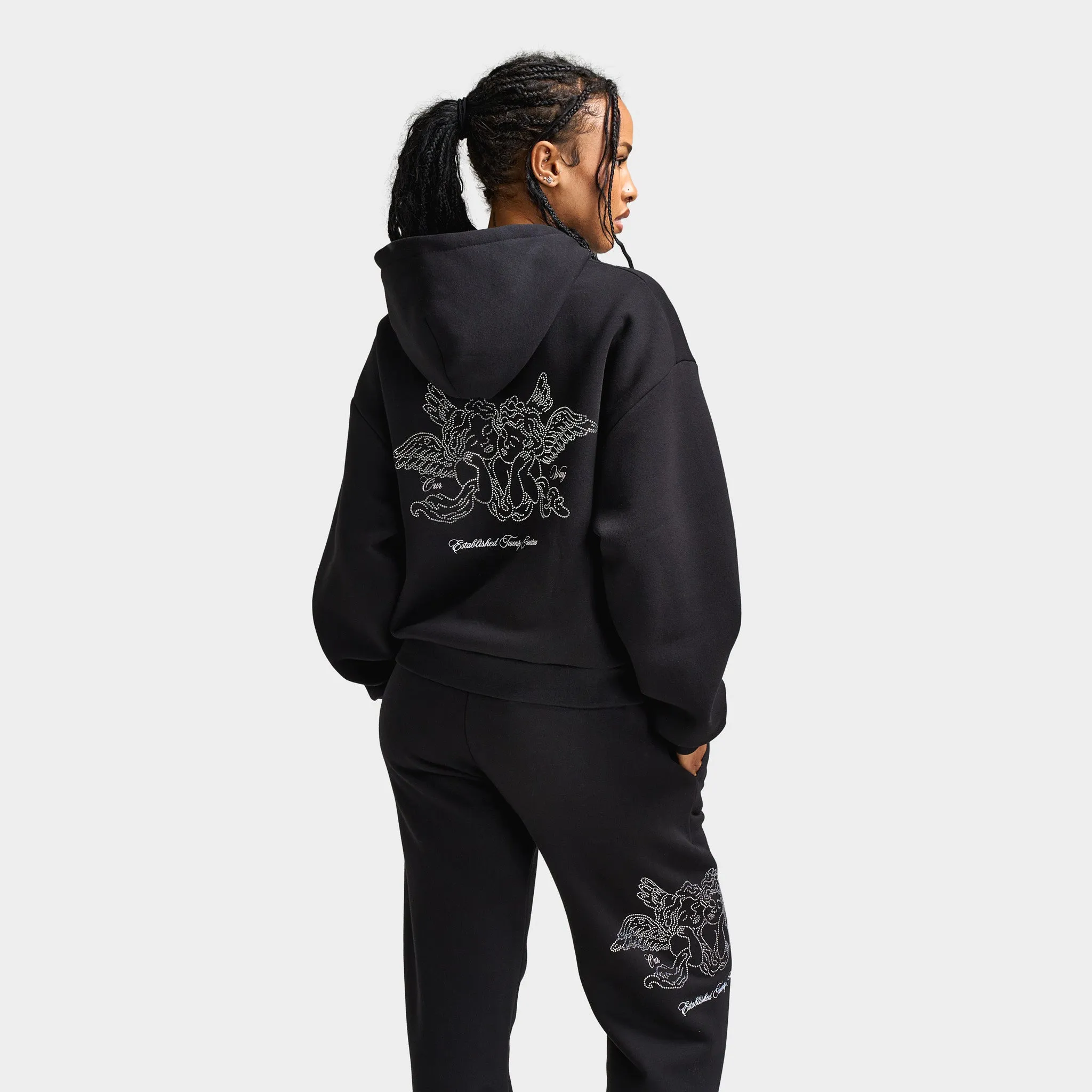 Hoodrich Women's Cherish Mid Length Full Zip Hoodie Black / White - Festival Bloom