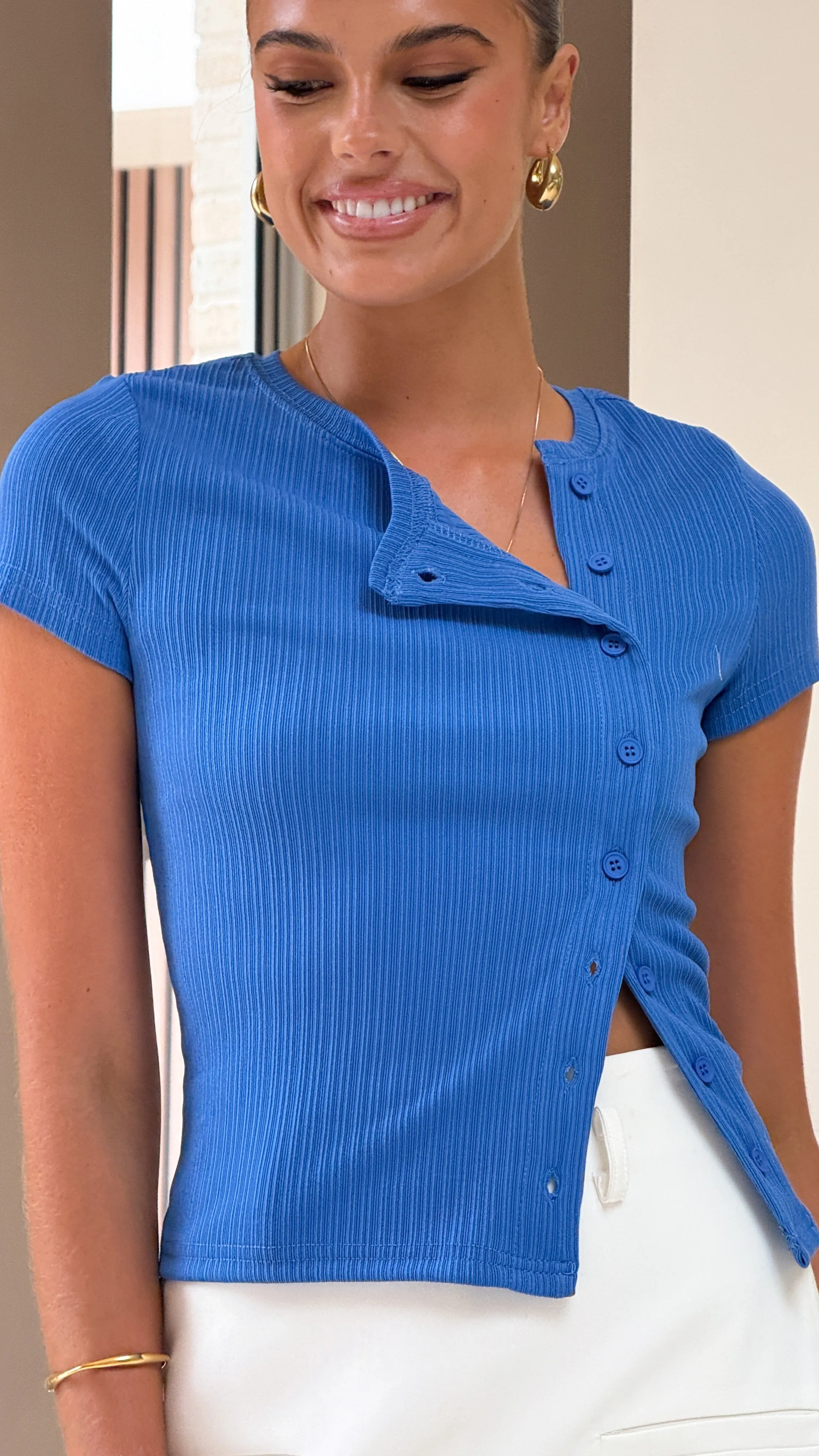 Lola Asymmetric Button Up Top - Blue